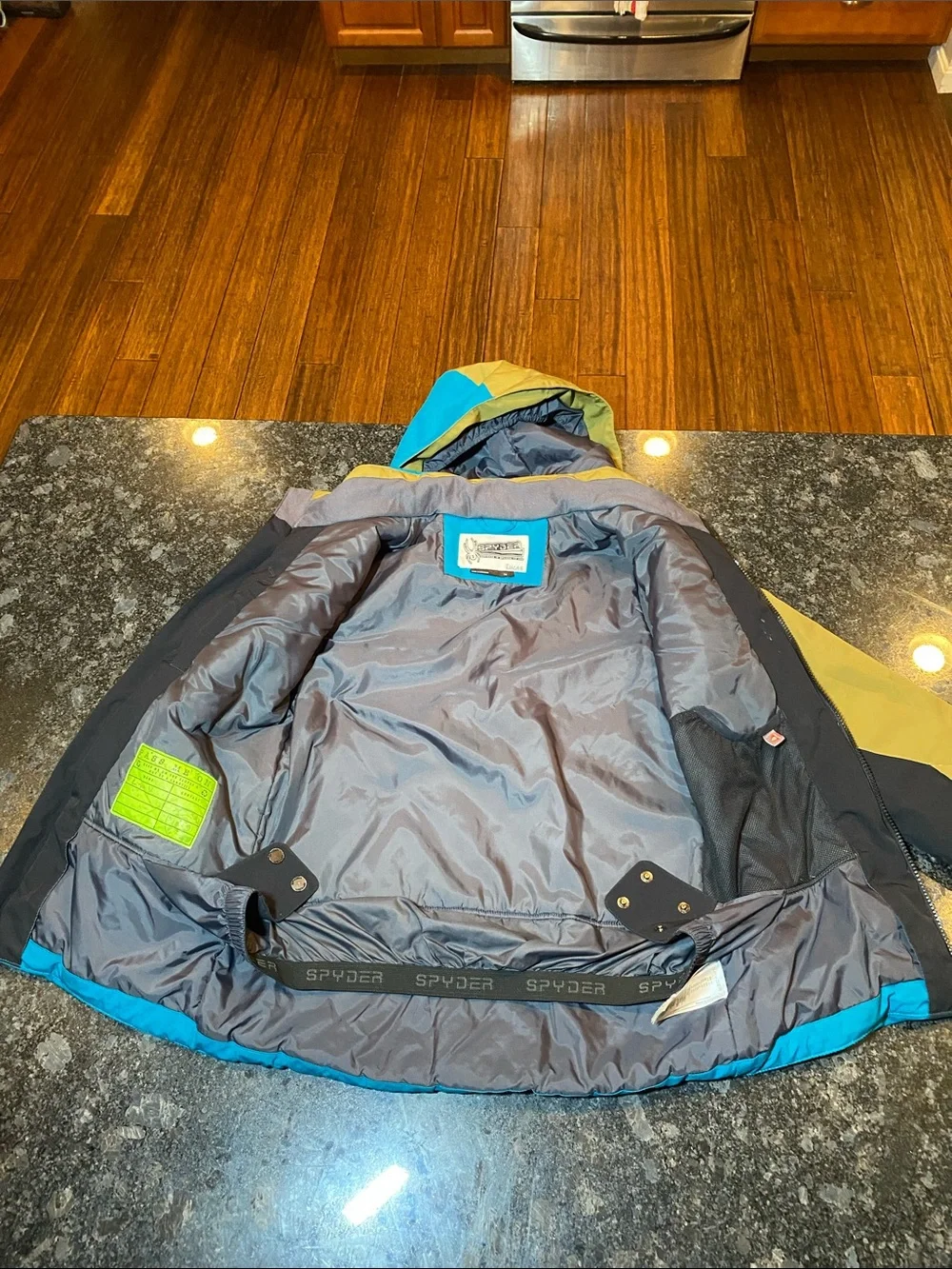 Spyder Ambush Ski Kids Colorblock Hooded Puffer Jacket Blue, Olive & Black Sz 14